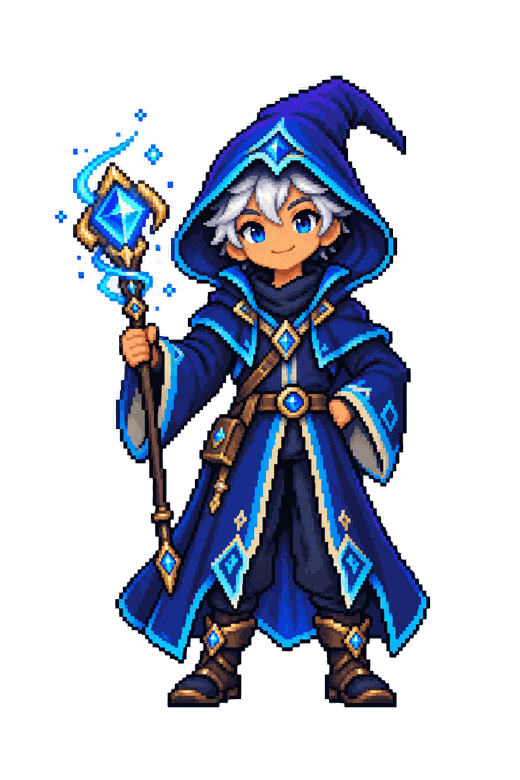 Mascote da TEK: um mago de roupa azul e ciano, cabelos prateados e cajado mágico.